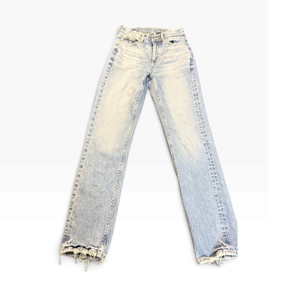 American Eagle 0 Regular Light Wash Stretch Straight Jeans Raw Frayed Hem Denim